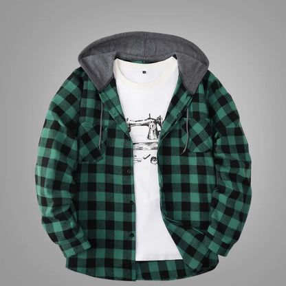 Men’s Sporty Hooded Sweatshirt – Red Plaid Design with Button Front