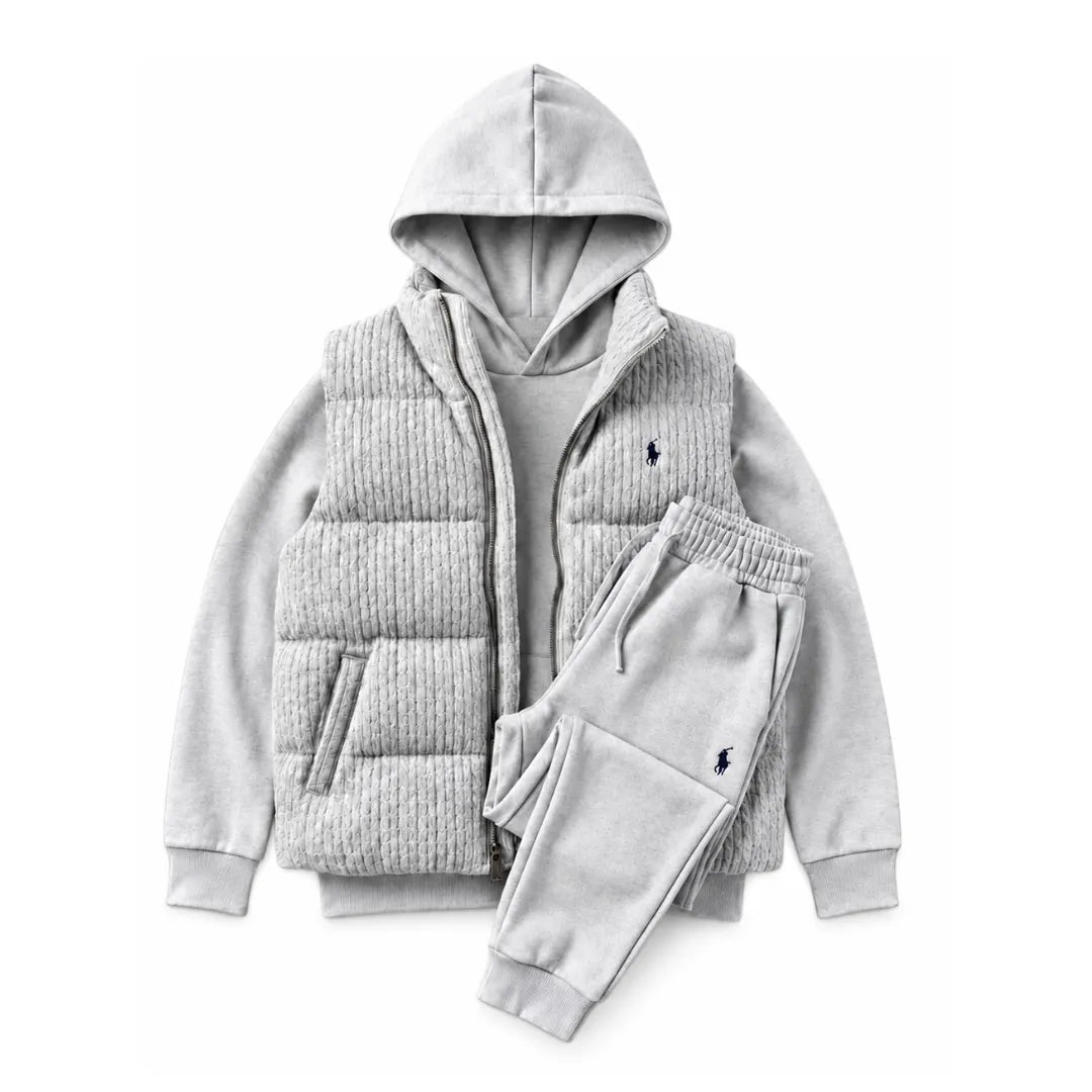 Men’s Heritage Cable-Knit Padded Vest 3-Piece Fleece Tracksuit Set