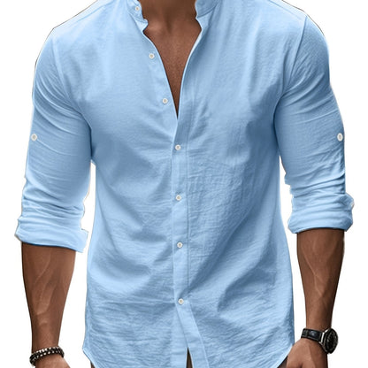 Men’s Linen Shirt – Coastal Holiday Style, Stand Collar